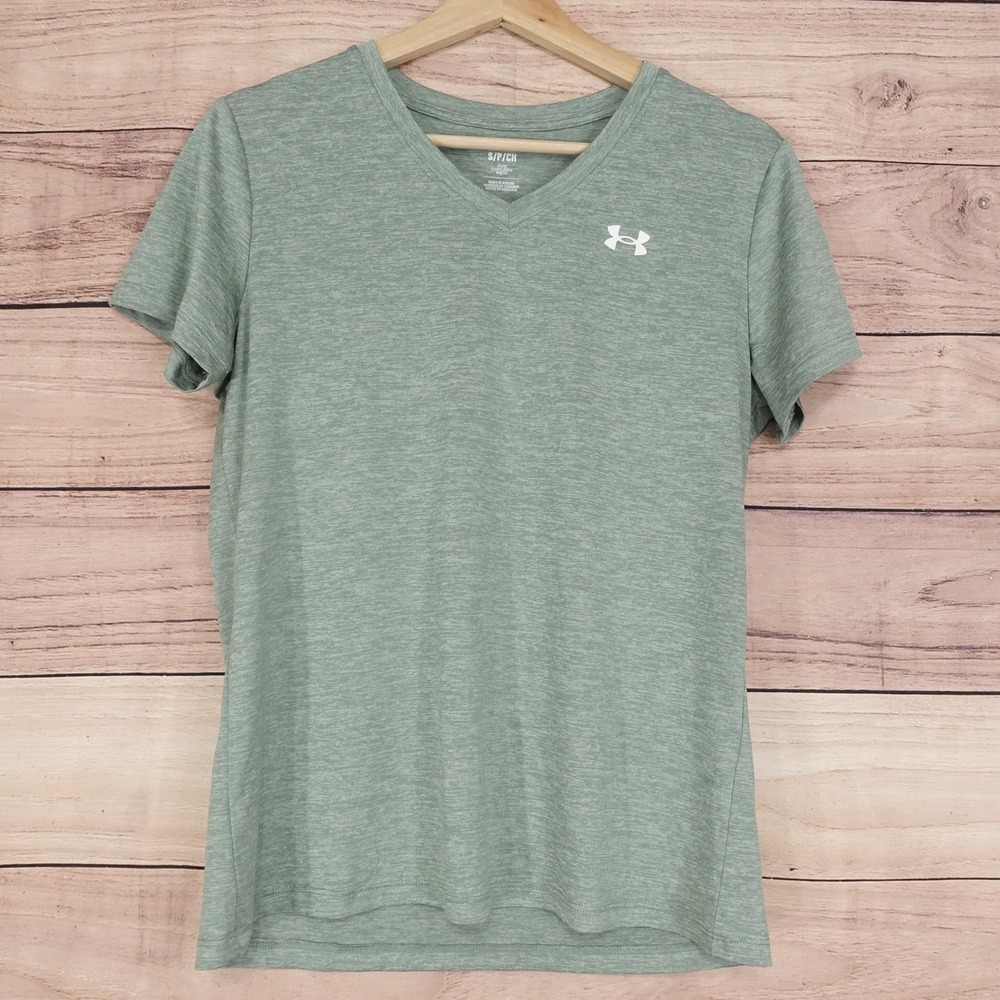 Under Armour Shirt Womens Small Green V-Neck Short Sleeve Loose Athletic Run